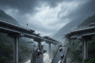 भारत में जलवायु जोखिम के कारण क्षतिग्रस्त होता इंफ्रास्ट्रक्चर और बाढ़ का दृश्य।