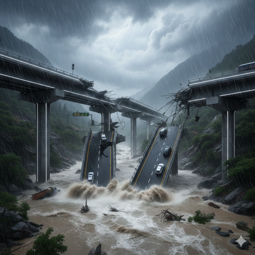 भारत में जलवायु जोखिम के कारण क्षतिग्रस्त होता इंफ्रास्ट्रक्चर और बाढ़ का दृश्य।