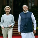 India-EU Free Trade Agreement signing ceremony concept, showcasing economic growth and cheaper goods.