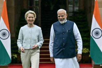 India-EU Free Trade Agreement signing ceremony concept, showcasing economic growth and cheaper goods.