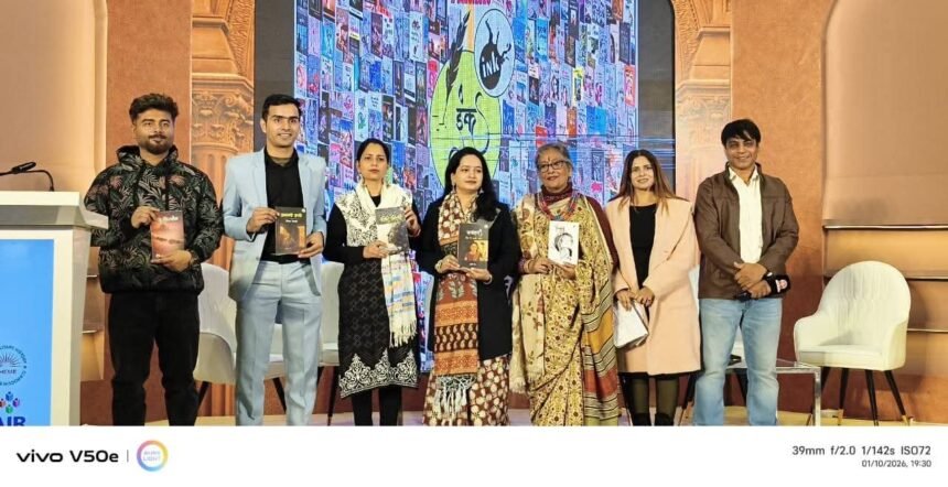 नई दिल्ली विश्व पुस्तक मेला 2026 में इंक पब्लिकेशन के लेखक मंच पर पुस्तक विमोचन समारोह।