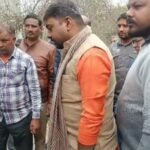 BJP MLA Rahul Bachcha Sonkar inspecting poor quality road construction in Kanpur.