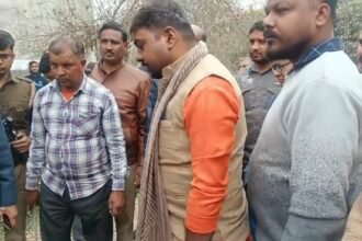 BJP MLA Rahul Bachcha Sonkar inspecting poor quality road construction in Kanpur.