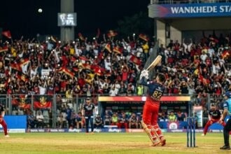 Rajat Patidar hitting a six in MI vs RCB IPL 2026 match at Wankhede.