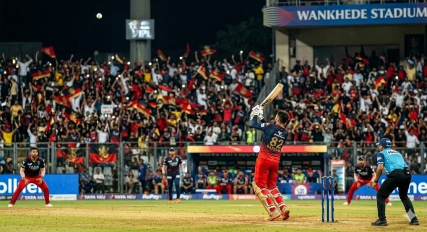 Rajat Patidar hitting a six in MI vs RCB IPL 2026 match at Wankhede.