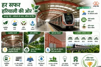 प्राकृतिक रोशनी और ग्रीन बेल्ट के साथ कानपुर मेट्रो का अत्याधुनिक और इको-फ्रेंडली एलिवेटेड स्टेशन।