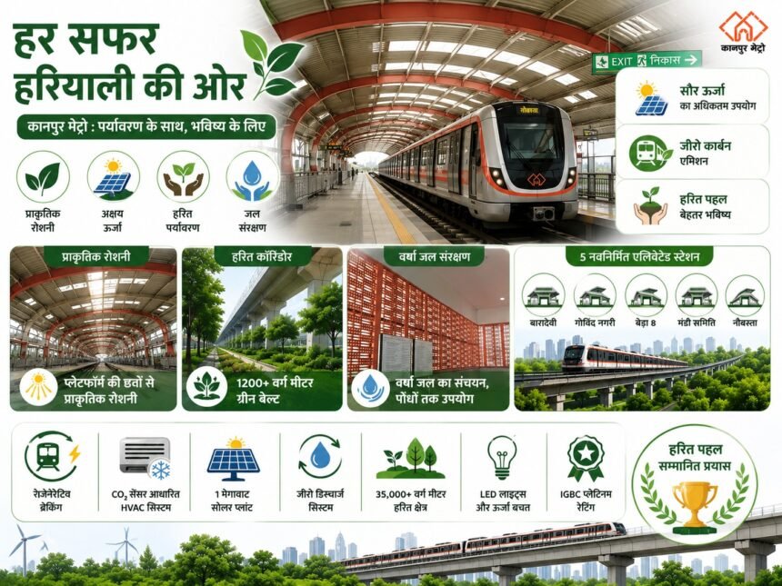 प्राकृतिक रोशनी और ग्रीन बेल्ट के साथ कानपुर मेट्रो का अत्याधुनिक और इको-फ्रेंडली एलिवेटेड स्टेशन।